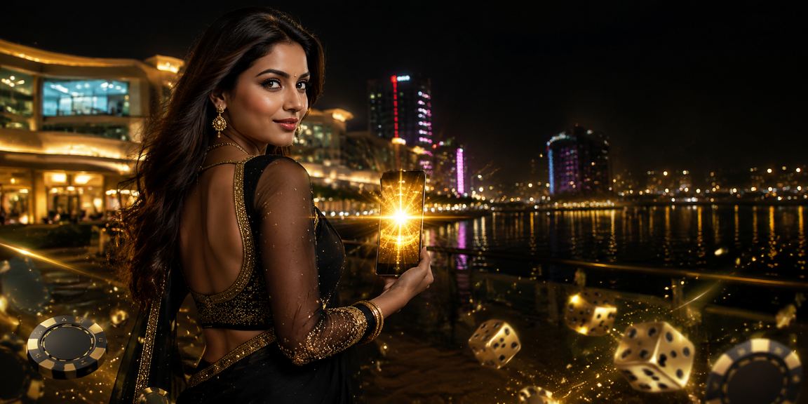 Vibrant casino app user enjoying slots vibrant neon background in Bangalore MG Road