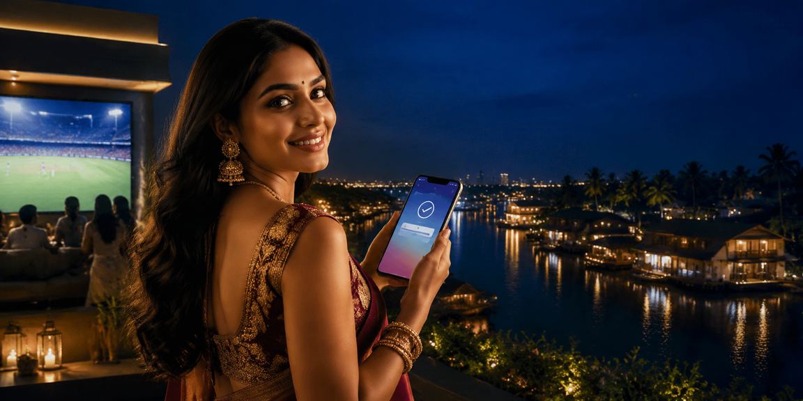 Mobile cricket betting in Kerala city night market illuminated with neon